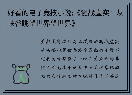 好看的电子竞技小说;《键战虚实：从峡谷眺望世界望世界》